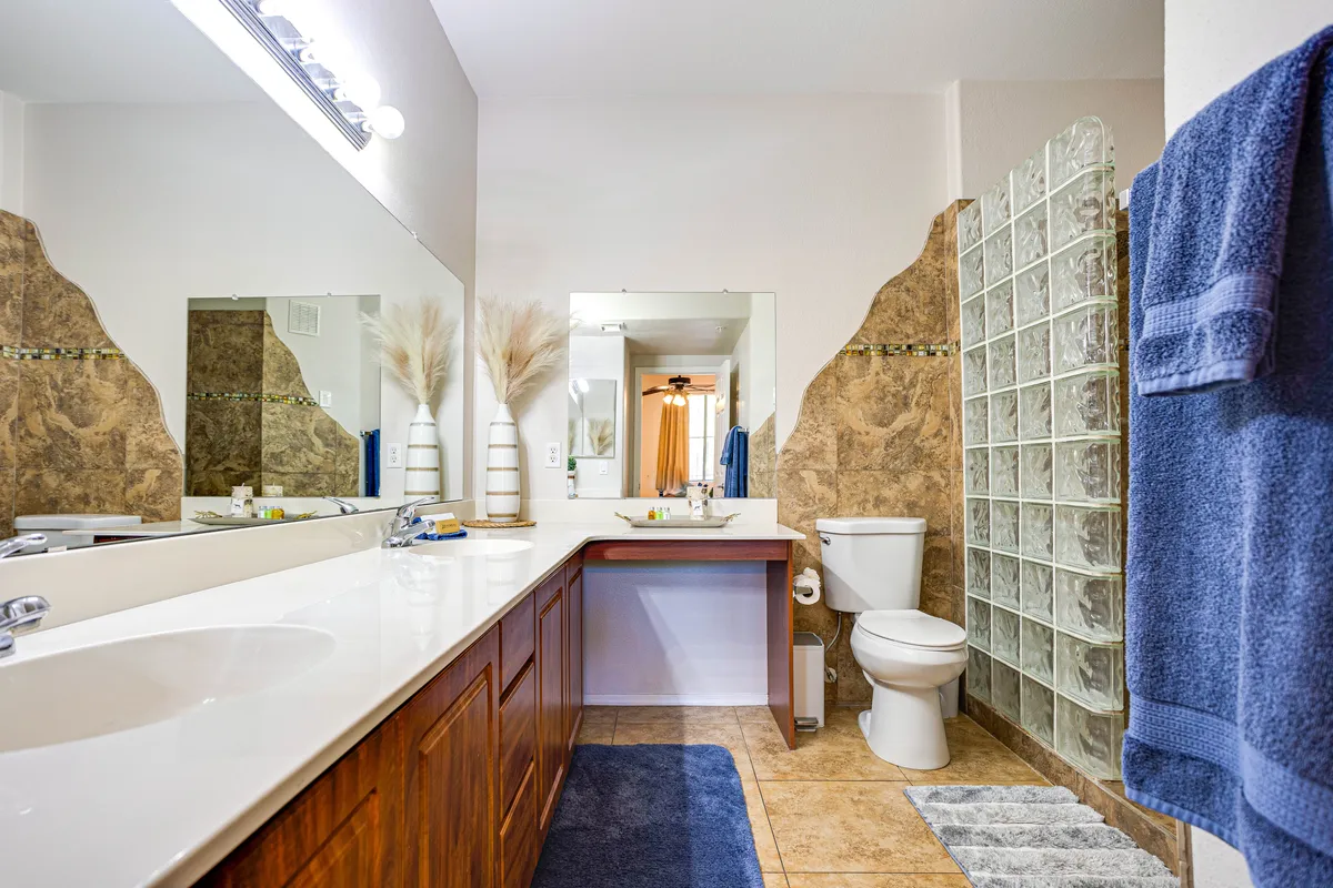 An inviting bathroom featuring a double vanity, a glass block shower, and decorative plants. The space is sparkling clean and tranquil, perfect for morning routines or a calming soak in the evening.